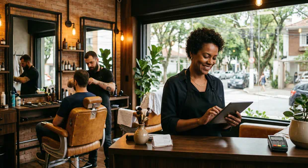 Proprietária de barbearia em Belo Horizonte com tablet na mão sorrindo