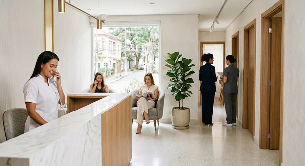Recepção de clínica premium em Belo Horizonte com pacientes aguardando