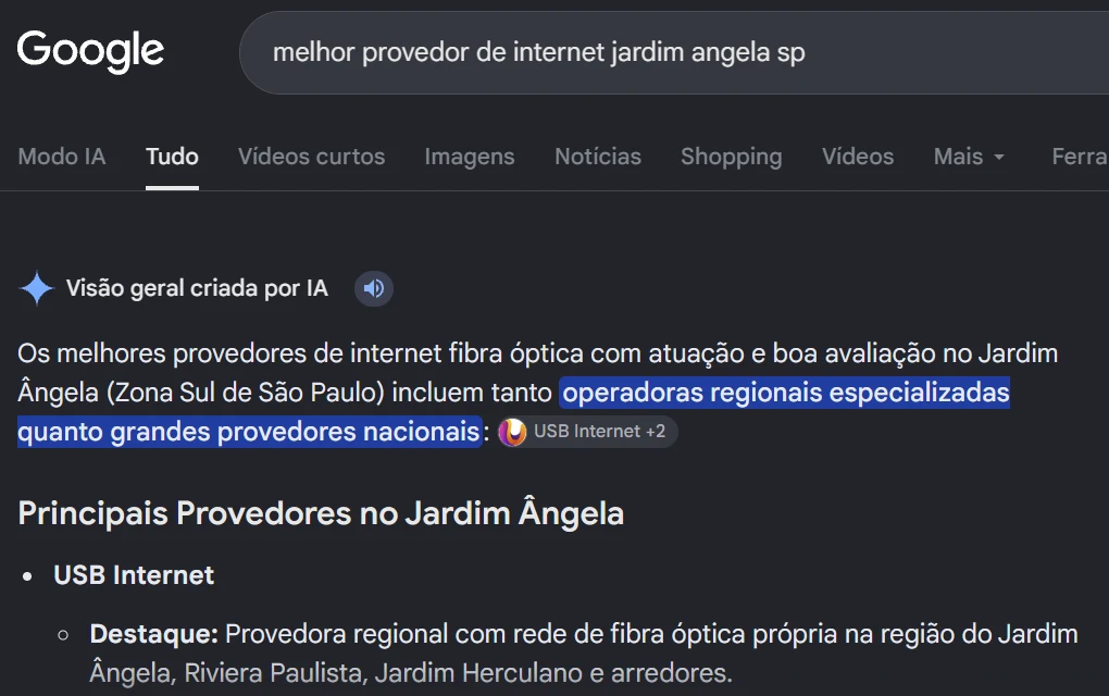 Visão geral criada por IA do Google para a busca melhor provedor de internet jardim angela sp, com a USB Internet em primeiro na lista de provedores