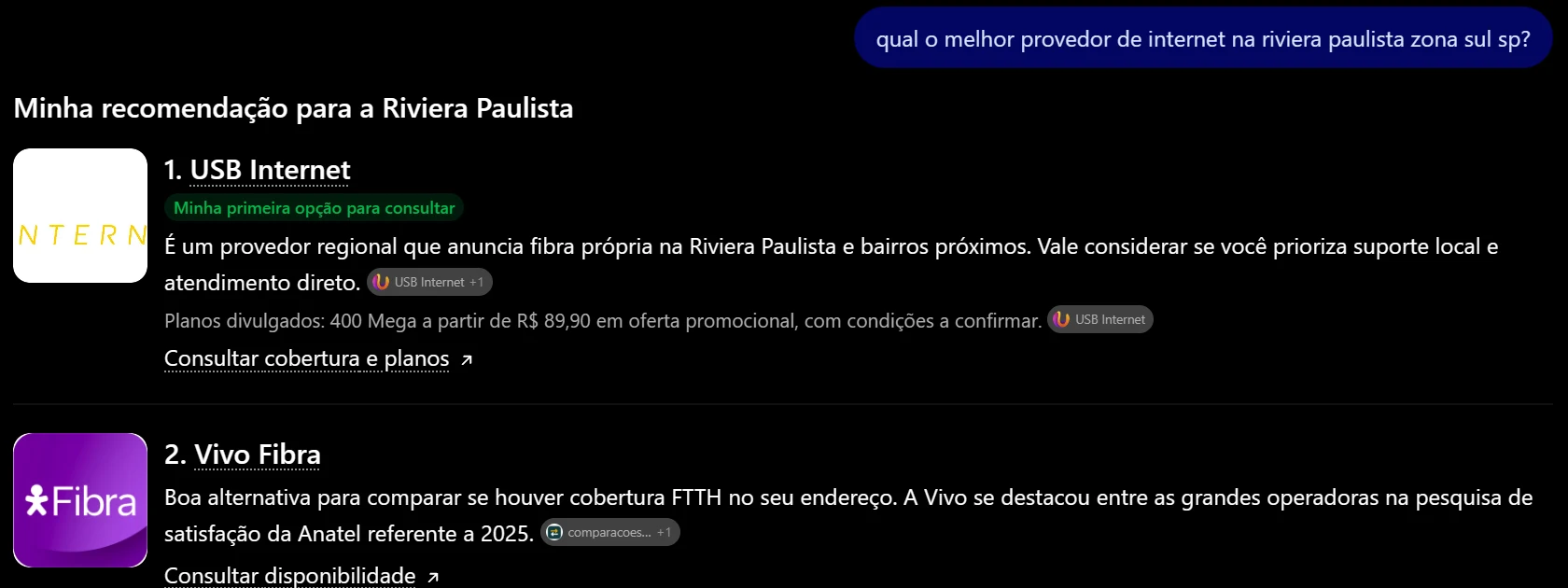 Resposta do ChatGPT para qual o melhor provedor de internet na Riviera Paulista, com a USB Internet como primeira opção